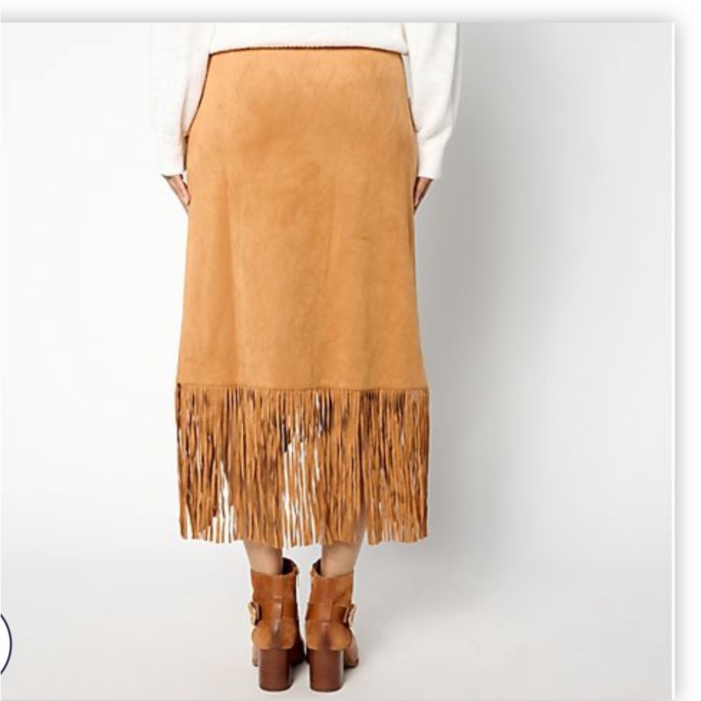 American West Camel Asymmetrical Fringe Midi Skirt - Picture 2 of 12